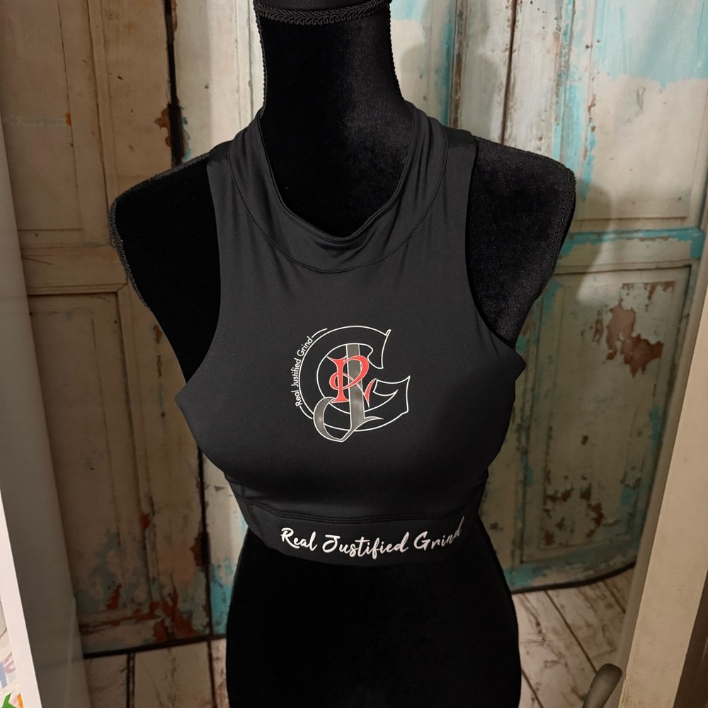 Real Justified Grind Logo Women’s Black Training Workout Built In Bra Size Large